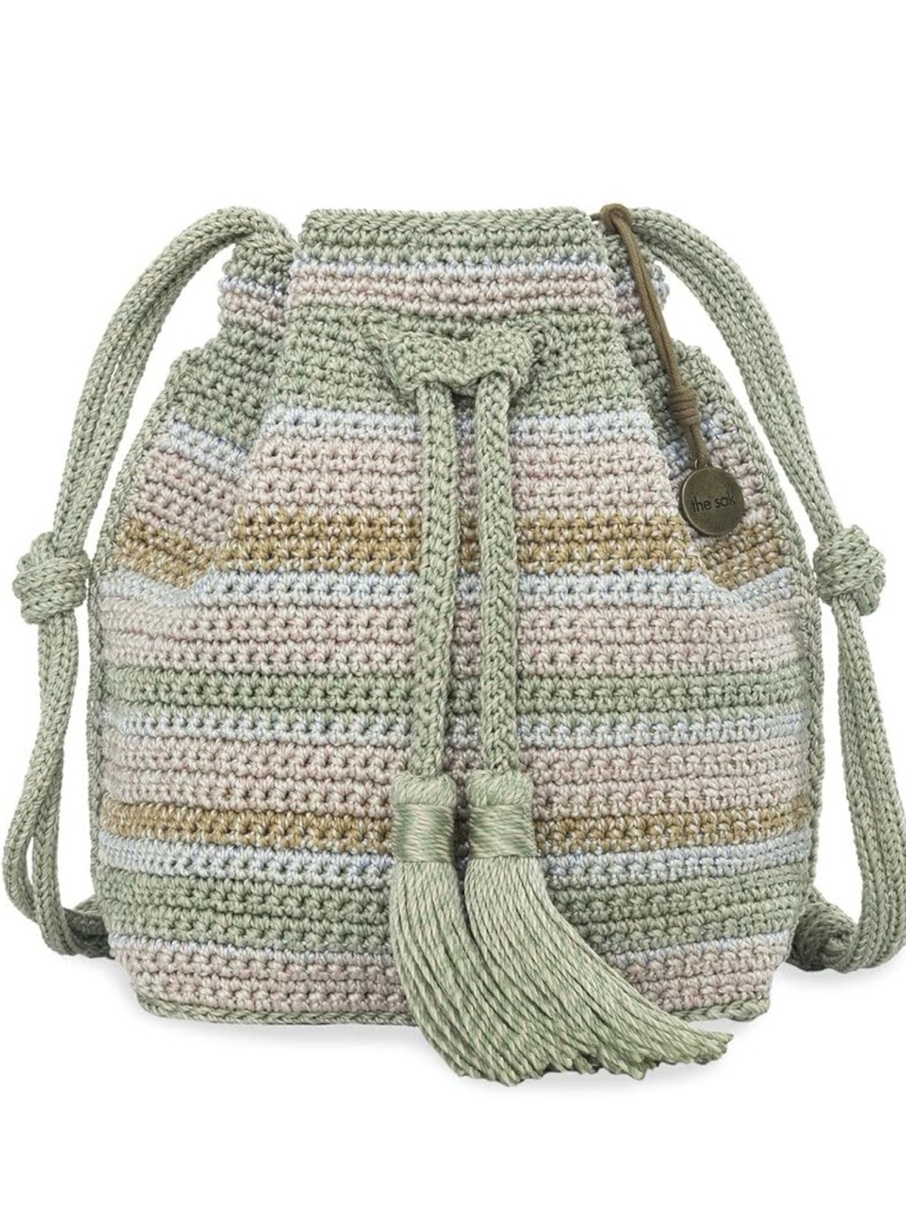 The Sak Crochet Striped Drawstring Bucket Bag in Sage Multi